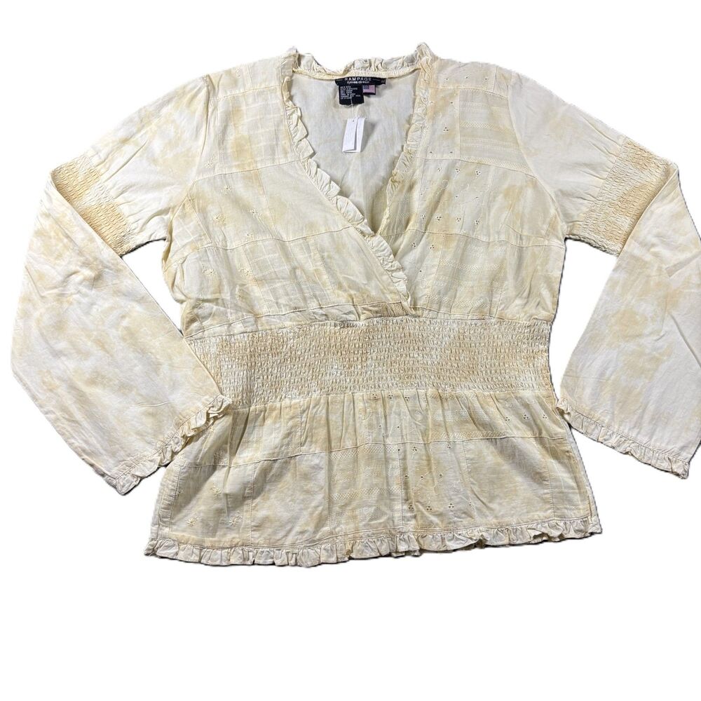 Rampage Women Top Babydoll Crossover Y2K 90s Eyelet Acid Wash Yellow XL J157
